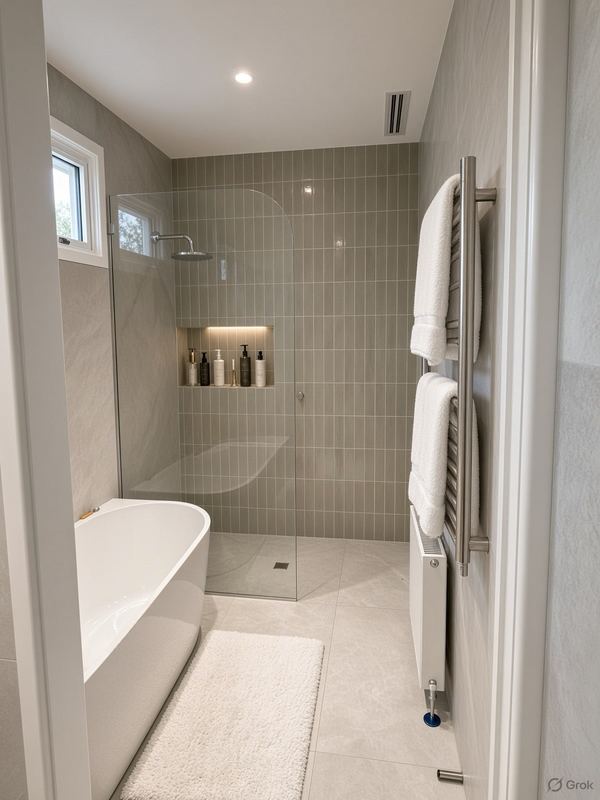 Ensuite with a freestanding bath, walk-in shower and heated towel rails