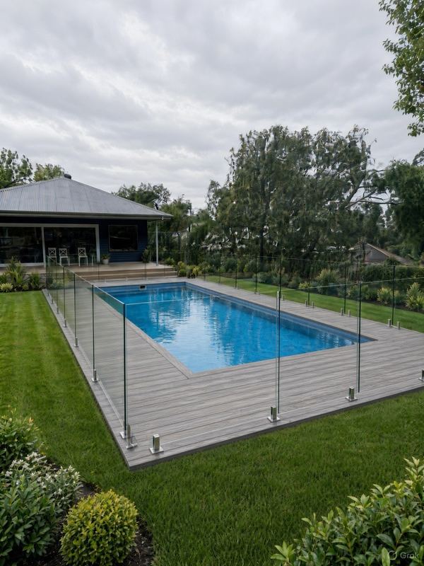 Pool with glass fencing and timber decking in a landscaped backyard
